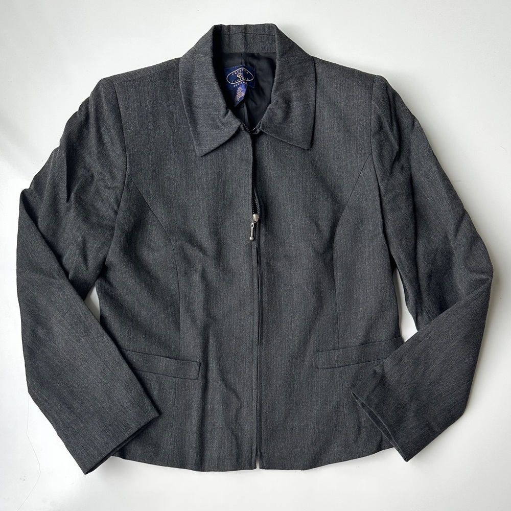 Vintage Chelsea Cambell Petites Gray Wool Blend Lined Zip Front Jacket Womens 6P